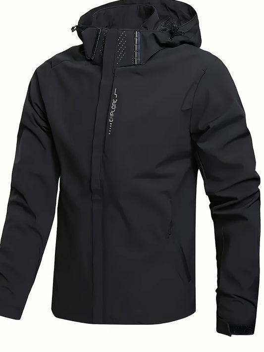 Տղամարդկանց գլխարկով առօրյա հողմապաշտպան բաճկոն - 100% պոլիեսթեր, չձգվող գործվածք, երկարաթև, սովորական երկարություն, այբուբենային նախշ, կայծակաճարմանդ գրպաններ, անջատվող գլխարկ - բացօթյա թեթև վերարկու բոլոր սեզոններին