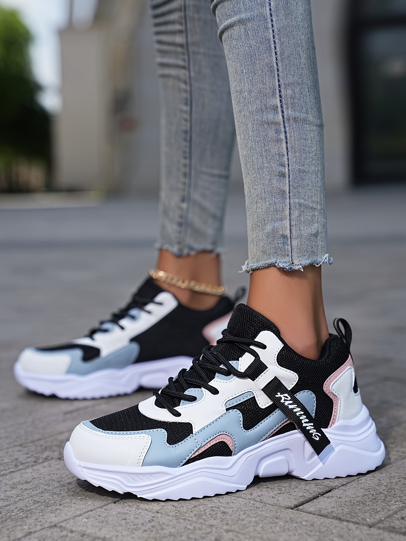 Women's Casual Color Blocking Design Non-slip And Wear Resistant Sneakers, Trendy And Comfortable, Versatile Height Increasing Thick Soled Sports Shoes