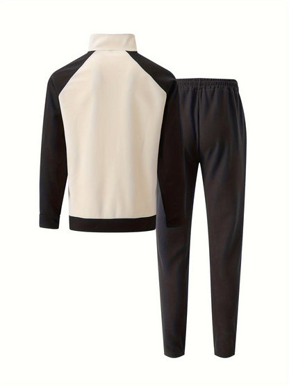 Տղամարդու սպորտային գունային բլոկով կայծակաճարմանդով բաճկոնի և վազքի տաբատի հավաքածու - պոլիեսթերի խառնուրդ, իդեալական է գարնան/աշնան համար