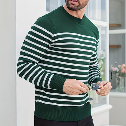 Գարնանային և աշնանային ամենօրյա երկգույն գծավոր տղամարդու սվիտեր-պուլովեր՝ գունավոր բլոկներով, կլոր վզնոցով, տղամարդու տրիկոտաժե վերնաշապիկ