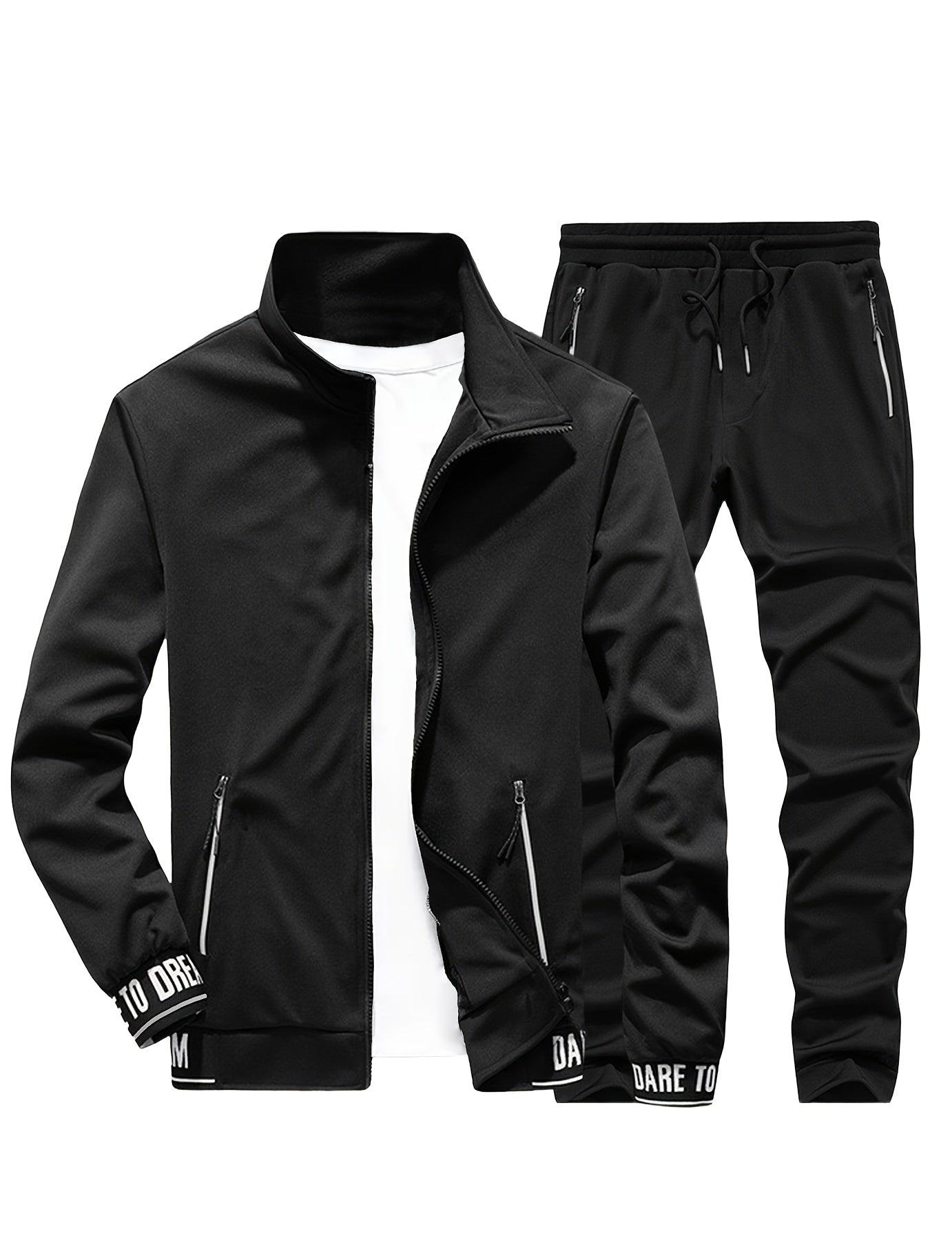 Տղամարդկանց ամենօրյա սպորտային հագուստի հավաքածու - բեժ գույնի ճարմանդով բաճկոն և մարզական տաբատ "DARE TO BE" տպագրությամբ, երկար թևերով, գրպաններով և քաշվող գոտիով, իդեալական է վազքի և հանգստի համար, գարուն/աշուն հավաքածու, գարուն-աշուն հագուստ | Zipup J