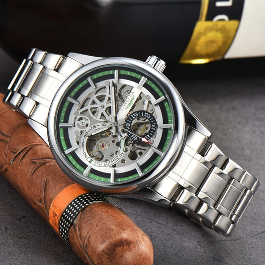 Men's Business Leisure Automatic Mechanical Watch, Stainless Steel with Blue Accents, Transparent Back, Date Display, Water-Resistant up to 10m, Ideal Gift, Business Watch | Mechanical Aesthetic | Stainless Steel Band