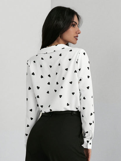 Elegant Women's Heart Pattern Long Sleeve Button-Up Shirt - Semi-Sheer, Polyester, Machine Washable - Perfect for Spring/Fall - ayq