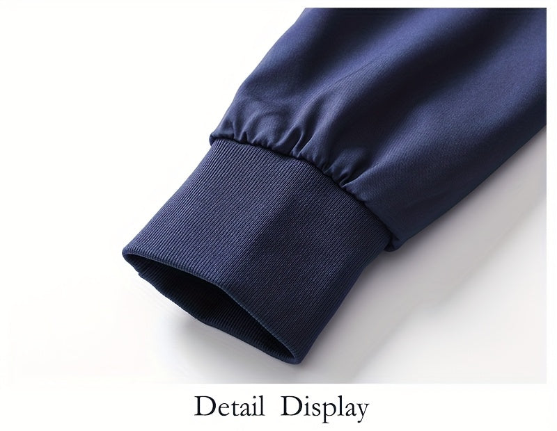 Տղամարդու առօրյա արքայական կապույտ բոմբեր բաճկոն՝ լիքը կայծակաճարմանդով, ազատ չափսերով, պոլիեսթերային, կանգնած օձիքով, երկար թևքերով, թեթև և դիմացկուն՝ գարնան և աշնան համար, առօրյա վերնազգեստ | երիզավոր թևքեր | դիմացկուն վերնազգեստ