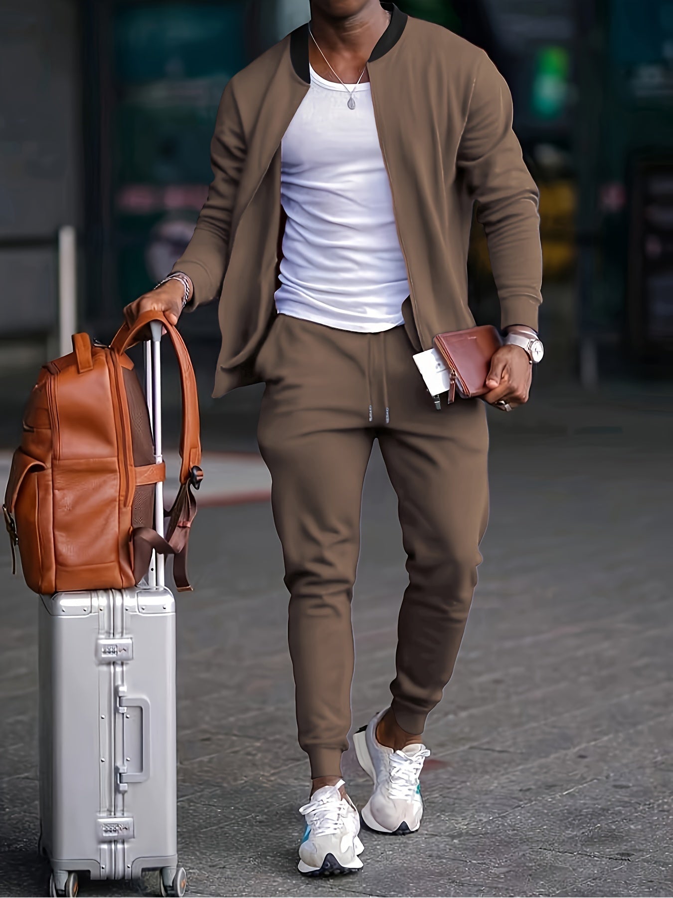 Տղամարդու առօրյա նորաձև կոստյումի հավաքածու՝ պոլիեսթերից, կանգնած օձիքով, կայծակաճարմանդով բաճկոն և լարով տաբատ՝ գարնանային/աշնանային համար