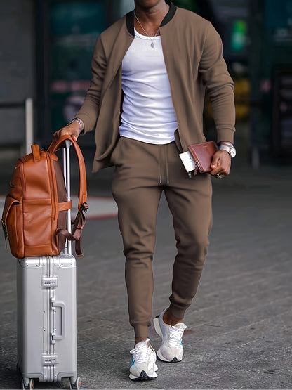 Տղամարդու առօրյա նորաձև կոստյումի հավաքածու՝ պոլիեսթերից, կանգնած օձիքով, կայծակաճարմանդով բաճկոն և լարով տաբատ՝ գարնանային/աշնանային համար