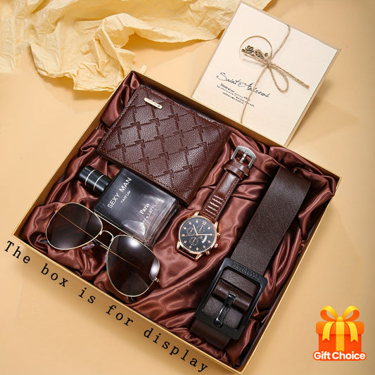 6 հատ տղամարդու գործնական ոճի դրամապանակ-ժամացույցի ժապավեն + երկարակյաց թարմ բույրով օծանելիքի բաժակներ և շնորհավորական բացիկների նվերների հավաքածու՝ կատարյալ նվեր նրա համար տարեդարձի կամ ծննդյան օրվա առթիվ