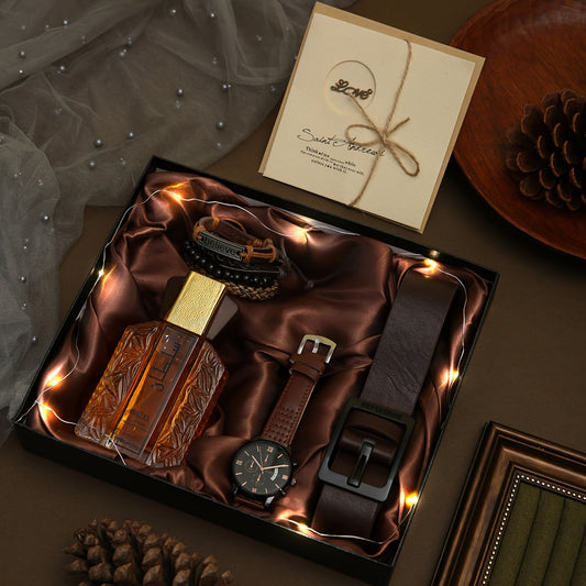 8pcs Men's watch wallet gift box set, 3pcs bracelet set, fashionable watch, perfume, belt, greeting card, ambient light string Men's gift set, fashionable business travel wear - Ayq