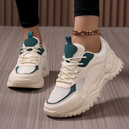 Կանացի թեթև, հաստ սպորտային կոշիկներ՝ բազմակողմանի կորեական ոճի հայրիկի կոշիկներ՝ հաստ ներբանով, շնչող ցանցկեն վերին մասով, առօրյա, կապիչով սպորտային կոշիկներ՝ սպիտակ, կանաչ/սպիտակ և սև/վարդագույն գույներով։