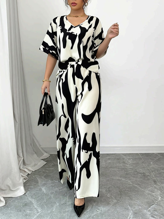 '-Yy0207476-2pcs Women'S V-Neck Short-Sleeved Black And White Printed Casual Top And Pants Set