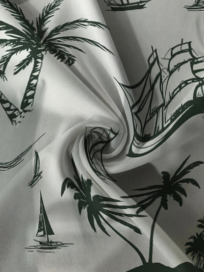 Men'S 2pcs Summer Outfit Set - Coconut & Yacht Print, Crew Neck, Knit Polyester 100%, Slight Stretch, Regular Fit, Casual Weekend Wear, 180gsm - Daily & Leisure Style