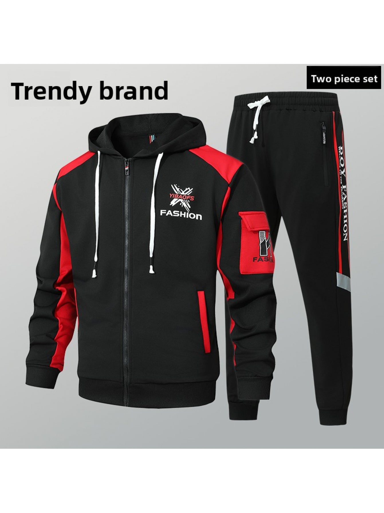 2pcs Men'S Sporty Hoodie Set with Drawstring Hooded Jacket and Cuffed Pants - Black & White Casual Streetwear, All-Season Comfort, Trendy Brand Design, Comfortable Clothing | Trendy Casual Wear | Zippered Hoodie, Sweater Hood