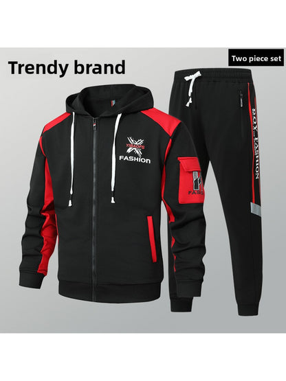 2pcs Men'S Sporty Hoodie Set with Drawstring Hooded Jacket and Cuffed Pants - Black & White Casual Streetwear, All-Season Comfort, Trendy Brand Design, Comfortable Clothing | Trendy Casual Wear | Zippered Hoodie, Sweater Hood