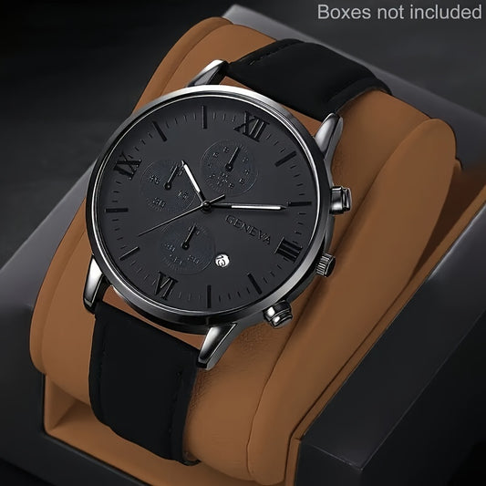 1pc Geneva Vintage Men'S Quartz Watch, Round Alloy Case, Analog Display, with Date Feature, PU Leather Strap, Battery Powered (Button Battery), for Valentine's, Easter, Ramadan, Birthday, Christmas Gifts - Ayq