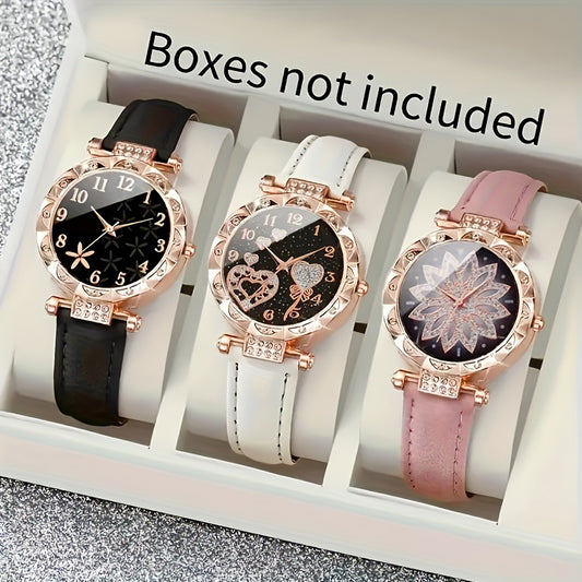 [Best Choice]3pcs Set of Casual and Elegant Women's Quartz Watch Kits - Sparkling Rhinestone Heart Dial, Soft PU Leather Strap, Fashionable Casual Accessories, Gift for Girlfriend, Mother - Ayq