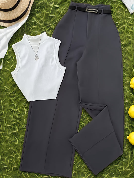 Ամառային սեքսուալ կիսաօձիքով անթև ժիլետ + բազմակողմանի վեսթերն ոճի լայն տաբատ գոտիով