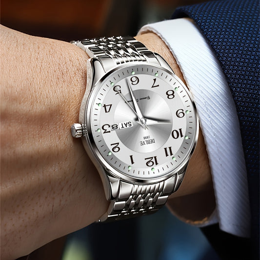 1pc DEBLOVE Men'S Stainless Steel Watch with Red Dial - Date, Calendar, Luminescent Hands & Markers, Quartz Movement, Business Casual Style, Perfect for Travel, Work, and Birthdays, Birthdays Gift|Elegant Watch Design|Quartz