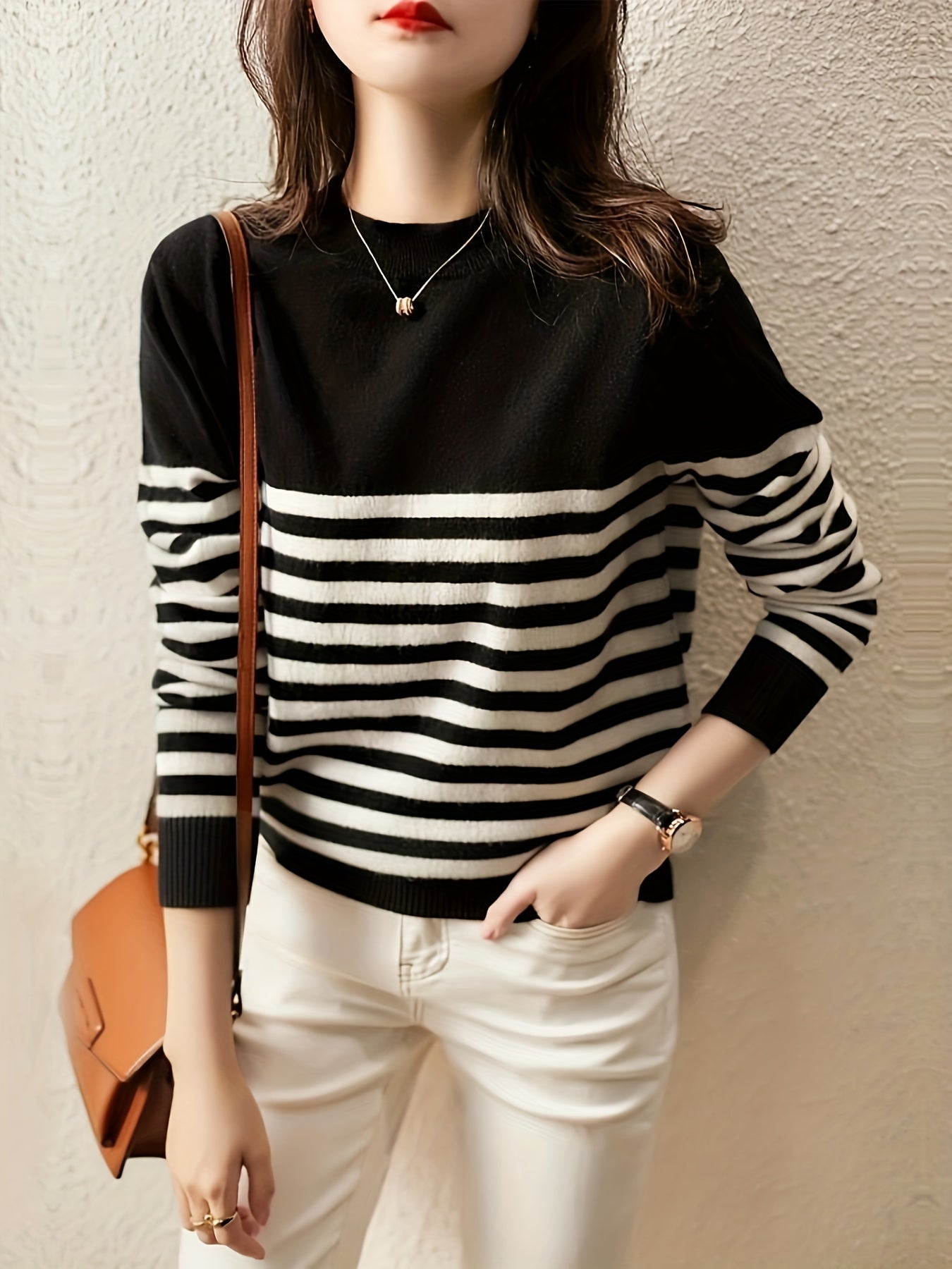 Կանացի Casual Color Block Crew պարանոցով սվիտեր, երկարաթև տրիկոտաժե վերնաշապիկ, վիսկոզայի խառնուրդ 75% պոլիեսթեր 25%, միջին ձգվող, բոլոր եղանակներին, 350 գ/մ² Գործվածքի քաշը