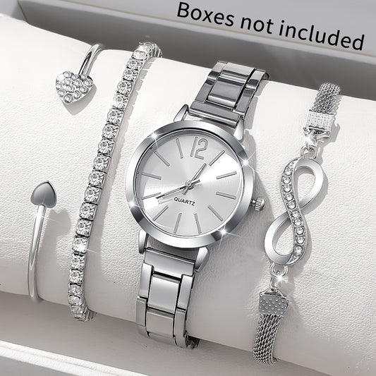 1pc or 4pcs/set Women's Fashion Quartz Watch with Silver Bracelet Set, The Perfect Gift for Her on Valentine's Day, Easter, Birthday and Christmas Does not include box - Ayq