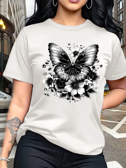 Circle Chic թիթեռի նախշերով շապիկ - նրբագեղ դիզայն, կլոր վզնոցով ամենօրյա վերնաշապիկ - շնչող և թեթև, իդեալական է գարուն/ամառ զգեստապահարանի համար