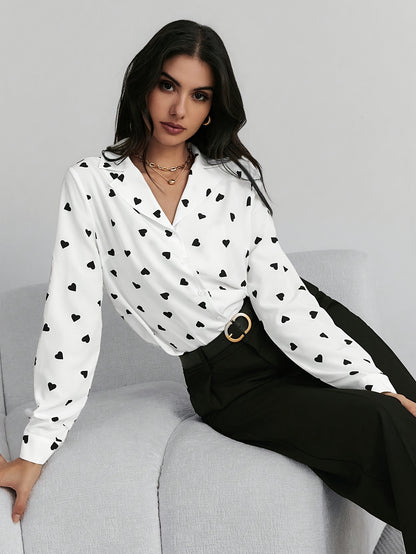 Elegant Women's Heart Pattern Long Sleeve Button-Up Shirt - Semi-Sheer, Polyester, Machine Washable - Perfect for Spring/Fall - ayq