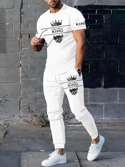 Տղամարդկանց 3D տպիչով տպված սպորտային հագուստի հավաքածու - Կլոր օձիքով կարճ թևքով մարզաշապիկ և տաբատ, գծավոր նախշով, կանոնավոր չափսով, տրիկոտաժե պոլիեսթերից, թեթևակի առաձգական