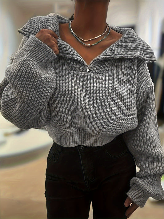 Autumn and Winter Half-Zip Short Fashion Lantern Sleeve Pullover Sweater to Show Your Figure and Versatile - ayq