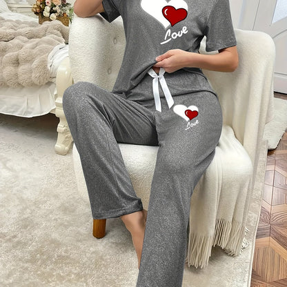 Casual Leisure Suit, Women's Double Love Print Short Sleeve Round Neck T-shirt and Pants Pajama Two-Piece Set Casual Comfortable Soft Home Clothes