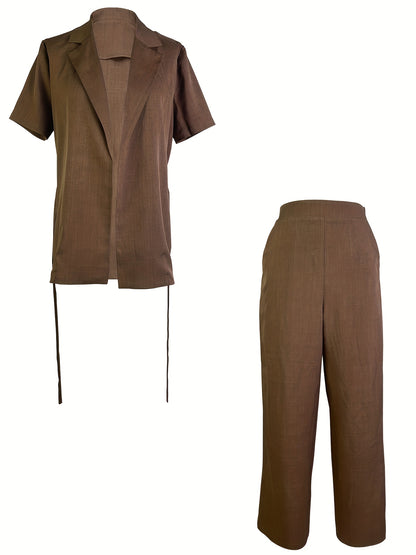 Էլեգանտ կանացի երկմասանոց հավաքածու. Շքեղ բեժ կարճ թևքով բաճկոն՝ ծակոտկեն դետալներով և ուղիղ տաբատ - պոլիեսթեր, գարուն/ամառային առօրյա հագուստ, առօրյա հագուստ | ծակոտկեն դետալներով բաճկոն | պոլիեսթերային գործվածք