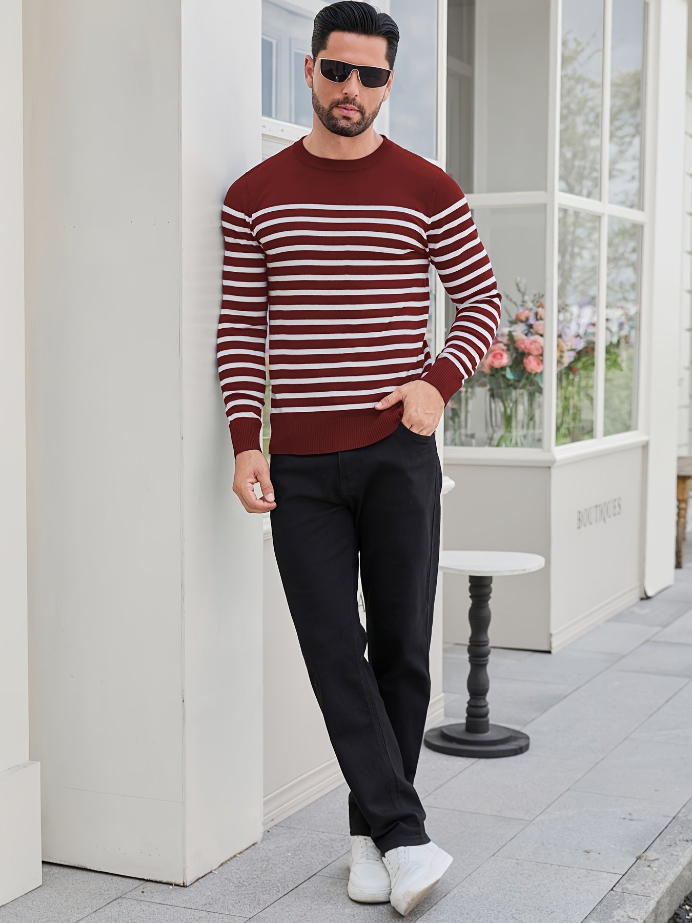 Գարնանային և աշնանային ամենօրյա երկգույն գծավոր տղամարդու սվիտեր-պուլովեր՝ գունավոր բլոկներով, կլոր վզնոցով, տղամարդու տրիկոտաժե վերնաշապիկ