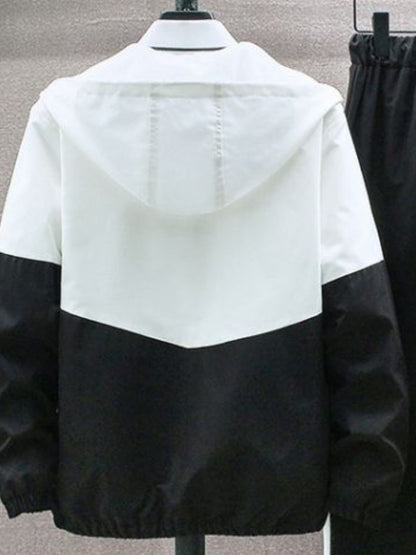 Տղամարդկանց գարուն-աշուն բացօթյա սպորտաձևերի մարզումների համար նախատեսված ամենօրյա գունային բլոկներով կարված վերնաշապիկով, կարգավորվող հավաքածու՝ տնային վերնաշապիկով և տաբատով, նորաձև քամուց պաշտպանող բաճկոնով, տաբատով, երկկտոր կոստյումով