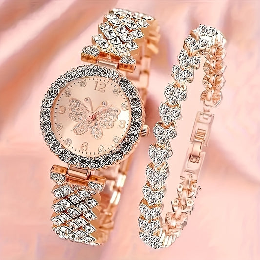 2pcs Elegant Butterfly Quartz Watch & Ladies Jewelry Set - Perfect Gift, Eternal Style and Exquisite Design, Zinc Alloy Strap and Zinc Alloy Case, Quartz Movement, Accurate, Durable, Fashionable Women's Gift, Especially Suita - Ayq