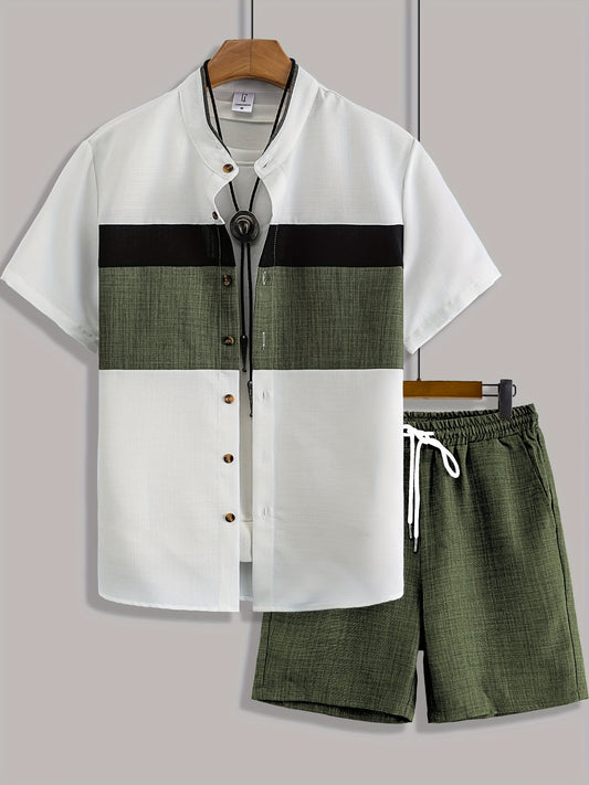 Տղամարդու ամենօրյա միագույն երկգույն կոստյում՝ կանգնած օձիքով, եռագույն իմիտացիոն կտավ, նրբագեղ կոճակ, կրկնակի կարճ վերնաշապիկ, միագույն հավաքածու