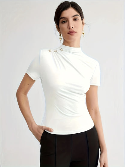 Էլեգանտ սպիտակ կարճ թևքով, բարձր օձիքով վերնաշապիկ՝ կոճակներով դետալով - Կանացի բազմակողմանի ամառային բլուզ, առօրյա հագուստ | Մինիմալիստական ոճ | Նրբագեղ չափս