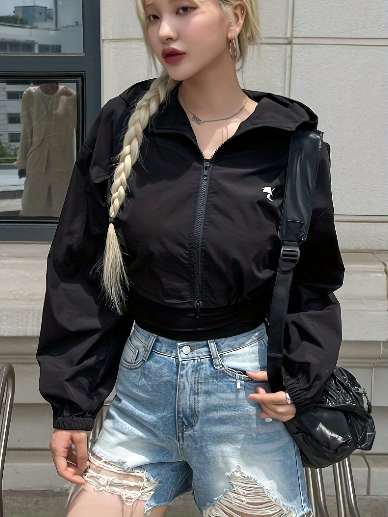 Chic Hooded Jacket for Women - Solid Color, Zip-Up, Polyester, Machine Washable - Perfect for Spring/Fall - ayq