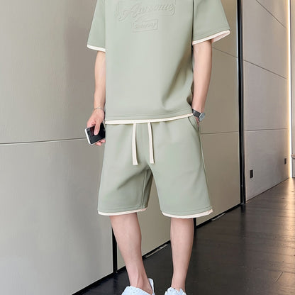 Men's Casual Fashion Sportswear Set - Light Gray "DREAMS" Print T-Shirt & Shorts, 100% Polyester, Machine Washable, Summer Outfit - ayq