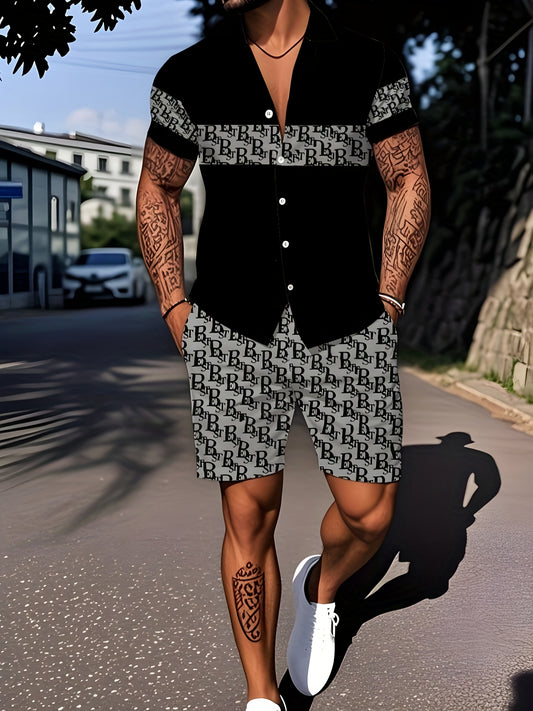 Տղամարդկանց ամառային տրոպիկական տառերով տպագրված պիժամայի հավաքածու - կարճ թևերով վերնաշապիկ կոճակներով և գրպաններով շորտերով, հարմարավետ չձգվող գործվածք, ամբողջ տարվա տնային հագուստ, ազատ ոճ, տնային հարմարավետ հագուստ | Ազատ ոճի շորտեր | Բութ