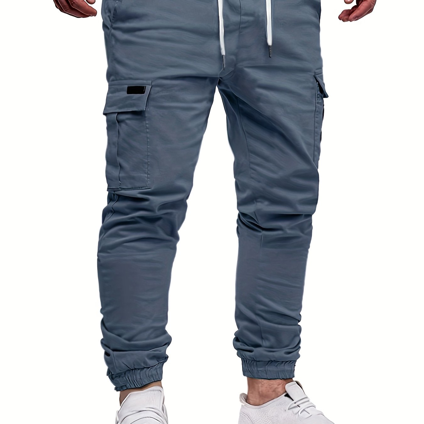 Men's Fashion, Regular Fit And Cuffed Solid Cargo Pants With Flap Pockets, Chic And Trendy Solid Drawstring Leisure Trousers For Daily Outerwear - ayq