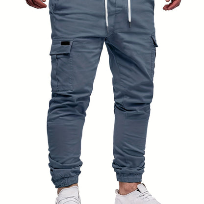 Men's Fashion, Regular Fit And Cuffed Solid Cargo Pants With Flap Pockets, Chic And Trendy Solid Drawstring Leisure Trousers For Daily Outerwear - ayq