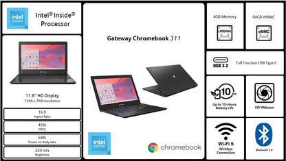 Acer Gateway Chromebook 311 CBO311-1H-C1MX Laptop | Intel Celeron N4500 | 11.6" HD (1366 X 768) Display | 4GB LPDDR4X | 64GB Emmc | Wi-Fi 5 802.11Ac | Chrome OS | Star Black