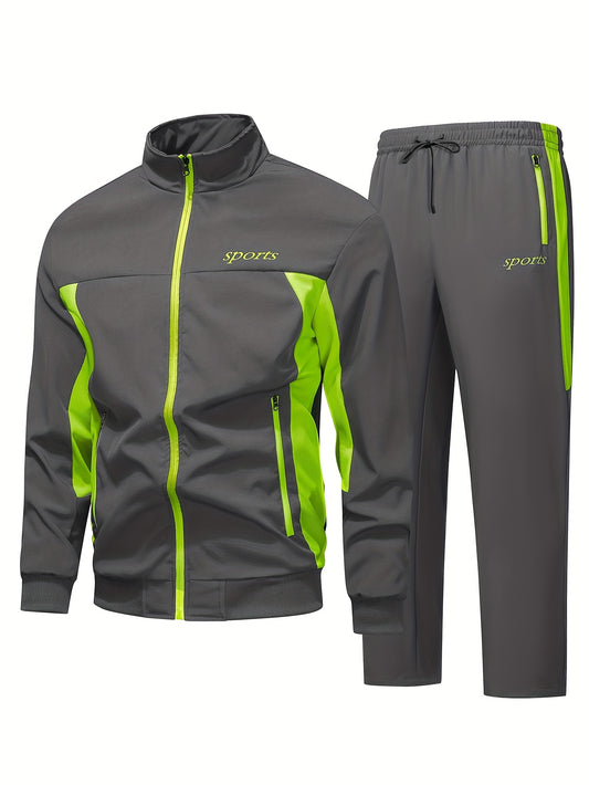 Տղամարդու երկգույն միահյուսված բաճկոնի և տաբատի հավաքածու՝ լյումինեսցենտ կանաչ գույնով, «սպորտային» տառերի տպագրությամբ, աչքի ընկնող նորաձև դիզայնով, հարմարավետ փափուկ գործվածքով, անհրաժեշտ հագուստ տան կամ դրսի հագուստի համար TZ8030