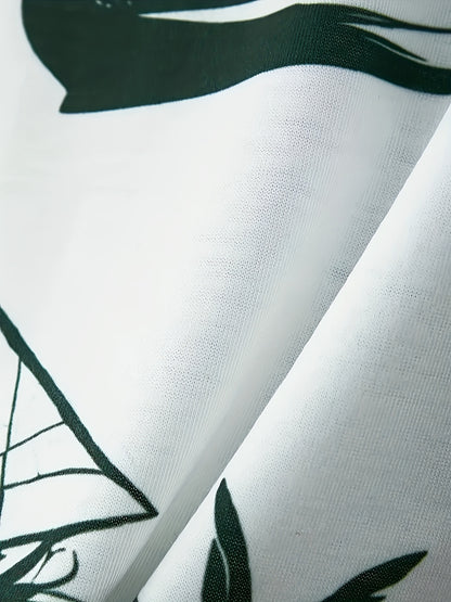 A set of 2 stylish Men's palm tree pattern summer fresh T-shirts and shorts, micro-stretch polyester knit fabric with a fitted fit, suitable for outdoor activities and family gatherings.