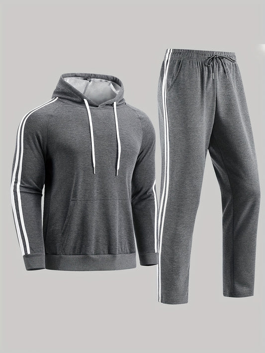 Երկու տղամարդու առօրյա սպորտային հագուստի հավաքածու՝ գծավոր դիզայնով և չափավոր փափուկ գործվածքով, հարմար է բացօթյա վազքի և ֆիթնեսի համար բոլոր եղանակներին։