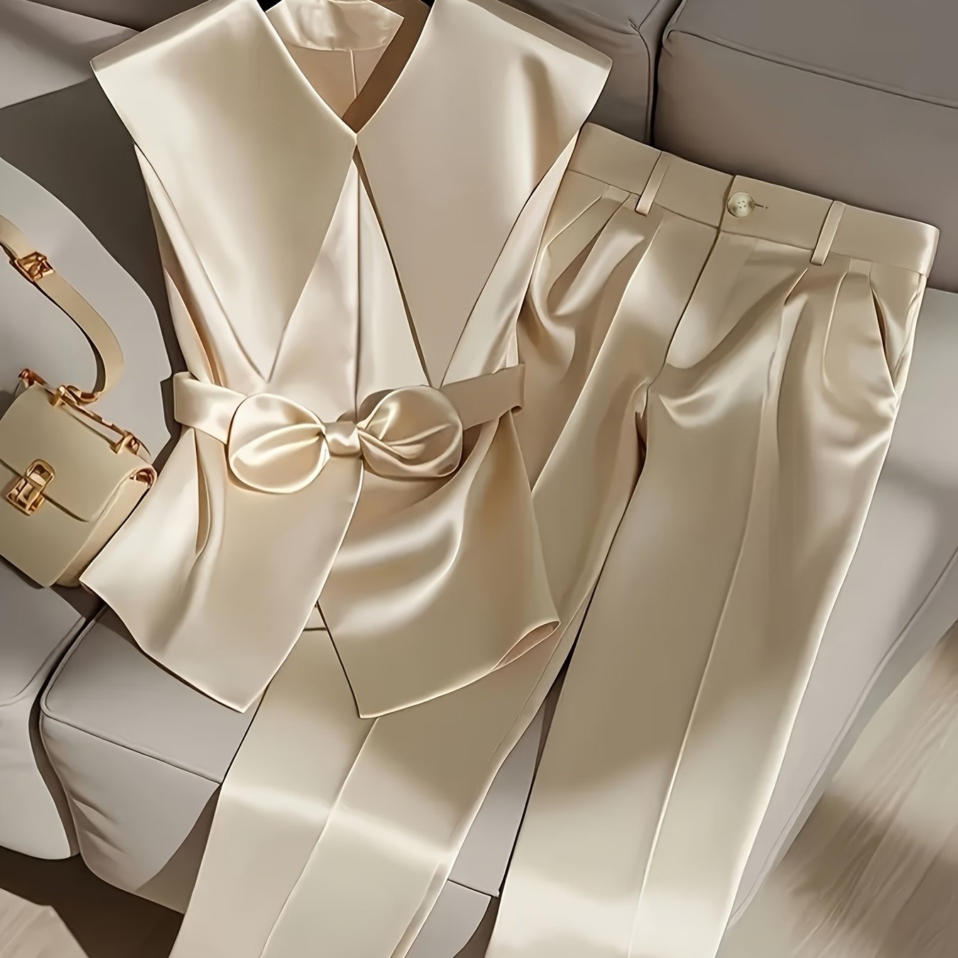 2 հատ էլեգանտ պոլիեսթերային տաբատային հավաքածու, ջրվեժաձև օձիք, միագույն անթև վերնաշապիկ և տաբատ, պոլիեսթերի և սպանդեքսի խառնուրդ, ժապավենաձև դետալներով, գարնանային և ամառային ոճ - Nian Nian