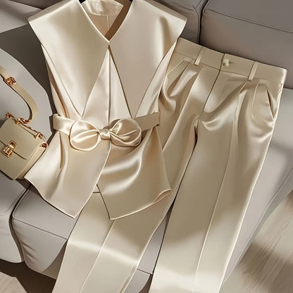 2 հատ էլեգանտ պոլիեսթերային տաբատային հավաքածու, ջրվեժաձև օձիք, միագույն անթև վերնաշապիկ և տաբատ, պոլիեսթերի և սպանդեքսի խառնուրդ, ժապավենաձև դետալներով, գարնանային և ամառային ոճ - Nian Nian