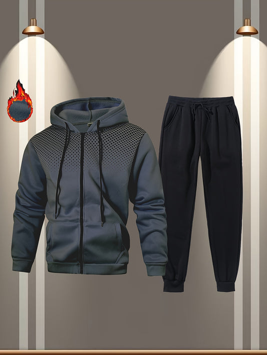 Autumn and Winter Zip-Up Jacket Set with Fleece Hooded Jacket and Button Front