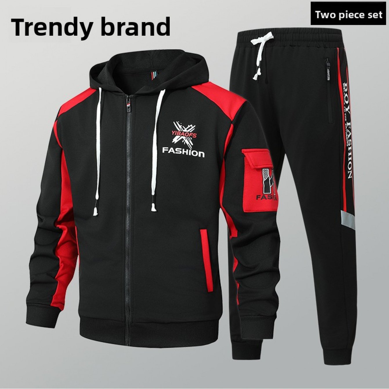 2pcs Men'S Sporty Hoodie Set with Drawstring Hooded Jacket and Cuffed Pants - Black & White Casual Streetwear, All-Season Comfort, Trendy Brand Design, Comfortable Clothing | Trendy Casual Wear | Zippered Hoodie, Sweater Hood