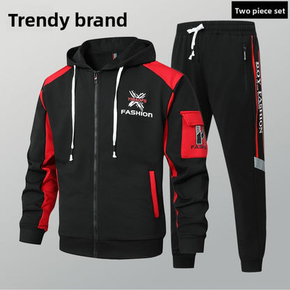 2pcs Men'S Sporty Hoodie Set with Drawstring Hooded Jacket and Cuffed Pants - Black & White Casual Streetwear, All-Season Comfort, Trendy Brand Design, Comfortable Clothing | Trendy Casual Wear | Zippered Hoodie, Sweater Hood