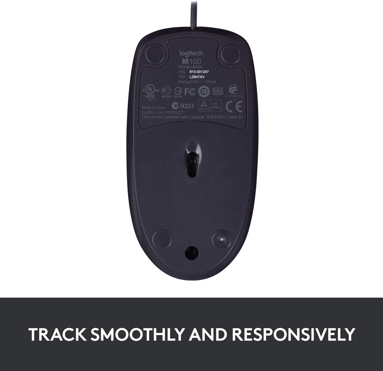 Logitech B100 Corded Mouse, Wired USB Mouse for Computers and Laptops, Right or Left Hand Use - Black