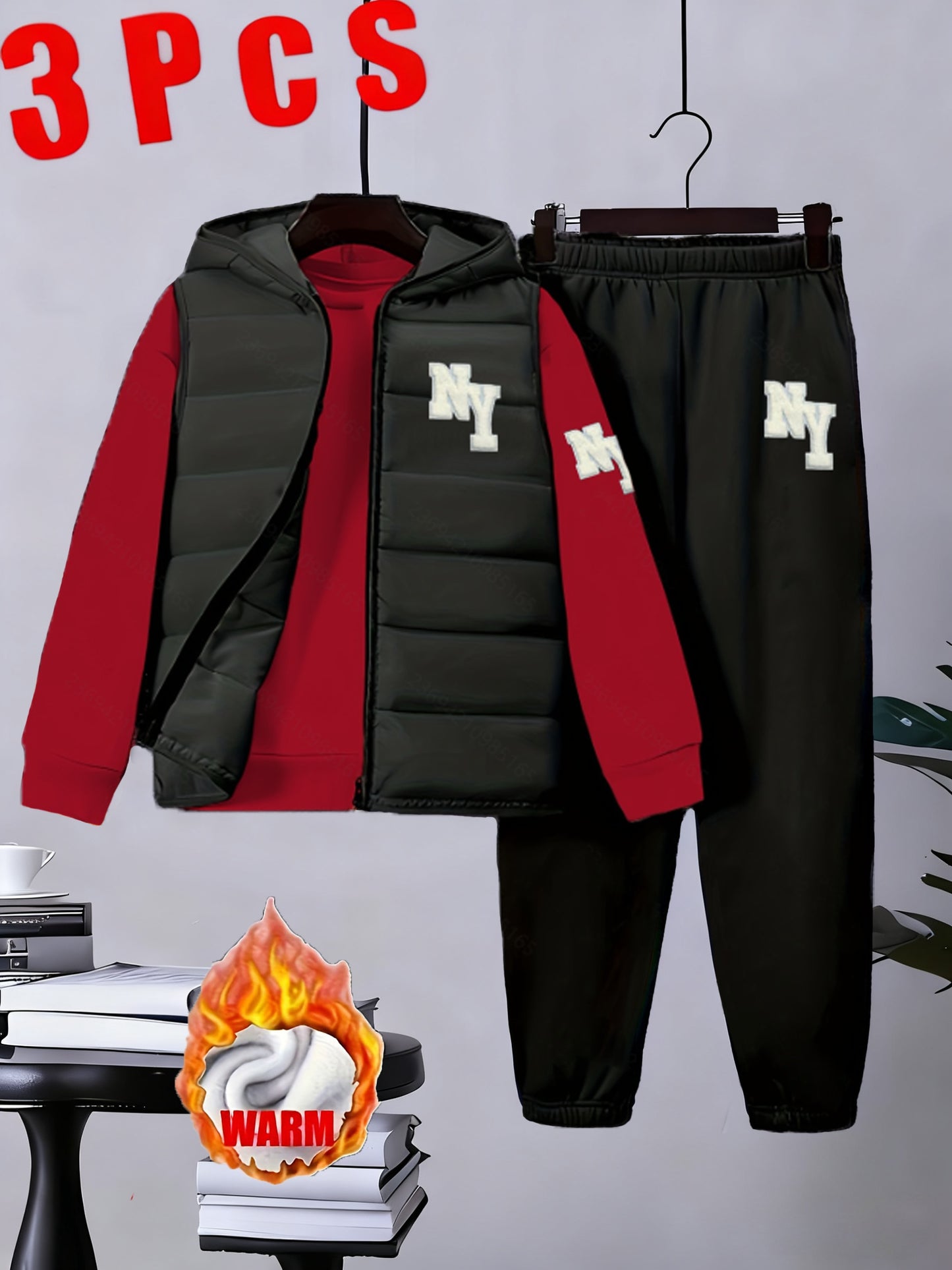 3pcs Boys' Winter Warm Uniform Set - NY Logo Lettered Jacket, Sweatshirt & Pants with Numbered Parch-Like Strips (8-12 Years) | Machine Washable 3pcs Outfit for, & Cold Weather | Non-Stretch Layered Clothing, Perfect for Outd